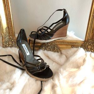 Bebe strappy Brown Leather wedge sandals 7b
